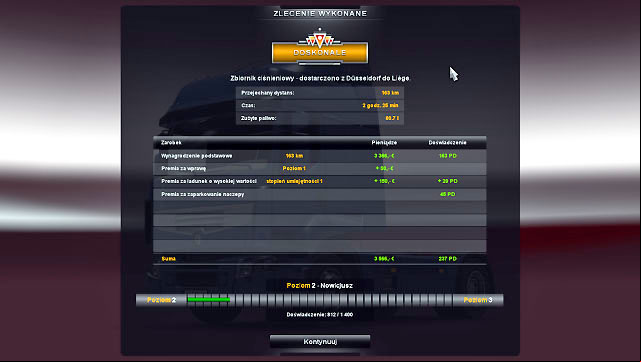 When the job is done a summary is displayed - ETS2: Quick order - Job market Guide - Job market - Euro Truck Simulator 2 Game Guide