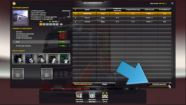 If you have one garage you can get to it quickly using quick trip option available in the garage manager - ETS2: Quick trip - Garage Guide - Garage - Euro Truck Simulator 2 Game Guide