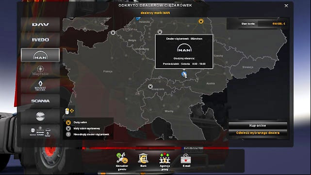 To buy a truck go to a truck dealer by clicking the button on a main control - ETS2: Buying a truck - Truck dealers - Euro Truck Simulator 2 Game Guide