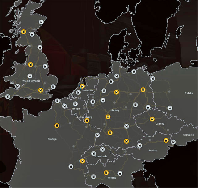 When going through various cities you will find numerous car dealers - ETS2: Truck dealers - map - Truck dealers - Euro Truck Simulator 2 Game Guide