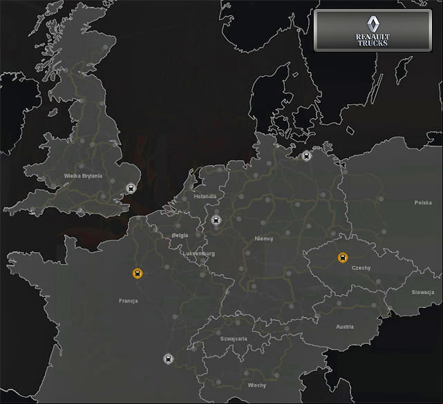 Renault trucks are offered in six cities - ETS2: Renault Truck dealers - map - Truck dealers - Euro Truck Simulator 2 Game Guide