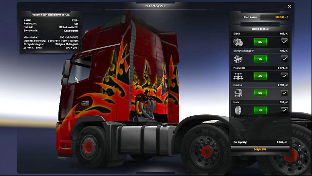 The car repair shop displays on the right the truck condition and repair costs of each element - ETS2: Car repair shop - Repair and modifications - Euro Truck Simulator 2 Game Guide