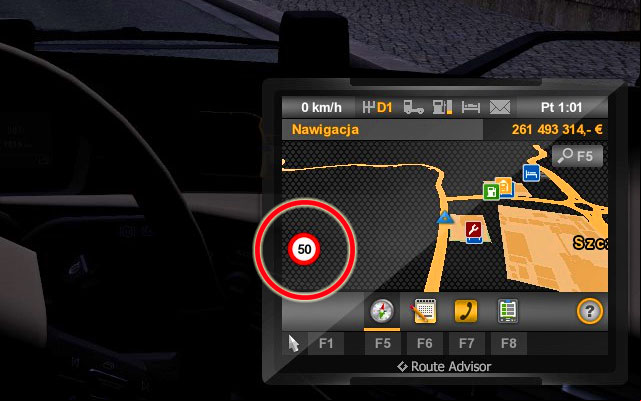 Since recently the road advisor has a new function that shows the speed limit on current road - ETS2: Route Advisor (GPS) - Interface Guide - Interface - Euro Truck Simulator 2 Game Guide
