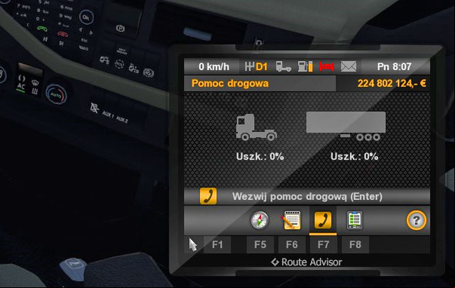 The third tab presents the truck and cargo damage level (the latter affects the income) - ETS2: Route Advisor (GPS) - Interface Guide - Interface - Euro Truck Simulator 2 Game Guide