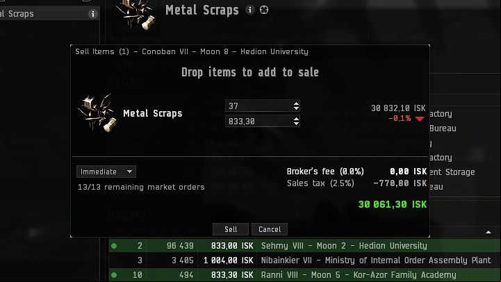You will be automatically transferred to the item sales window, where you will be able to choose the number of items you want to sell immediately (if there is a good buyer) or put them on the market for a certain amount of ISK - EVE Online: Market - how to sell? - FAQ - EVE Online Guide