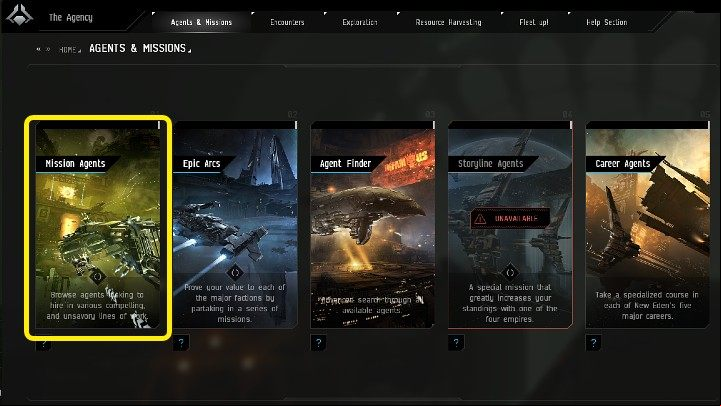 Then go to the Agents & Missions tab and click on the Mission Agents button to open the mission categories - EVE Online: Missions - how to start? - FAQ - EVE Online Guide