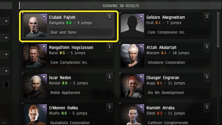 Once you have selected a specific mission type, you will be taken to a window with Agents who can assign missions to you - EVE Online: Missions - how to start? - FAQ - EVE Online Guide