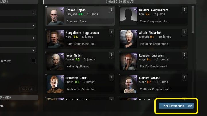 Once you have selected an Agent, click on it and then press Set Destination to specify a flight route - EVE Online: Missions - how to start? - FAQ - EVE Online Guide