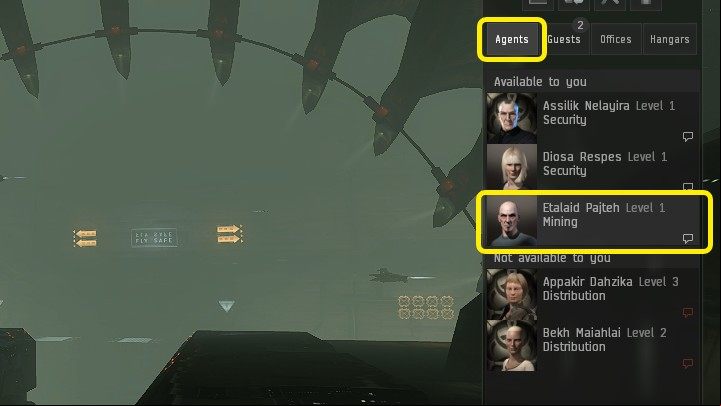 Once youre there, go to The Agents tab located on the right, and then find your Agent and start a conversation by clicking on the conversation bubble icon in the lower right corner of their card - EVE Online: Missions - how to start? - FAQ - EVE Online Guide