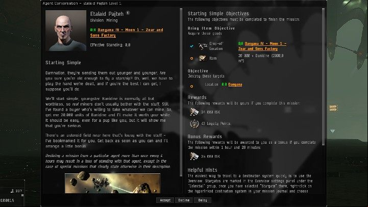 In the window that appears on the screen, you will be able to read all the information about the mission - EVE Online: Missions - how to start? - FAQ - EVE Online Guide