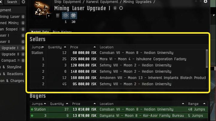 After searching the market for the desired item, you will see two sections: seller and buyer - EVE Online: Market - Basics - EVE Online Guide