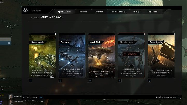 In the Agency window, you will find many different missions (exploration, combat, mining) you can perform in EVE Online - EVE Online: Interface - key elements - Basics - EVE Online Guide