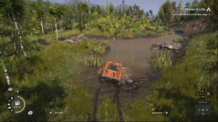 Before entering a body of water, be sure to use ultrasonic sonar - Expeditions MudRunner: How to drive through water? - FAQ - Expeditions MudRunner Guide