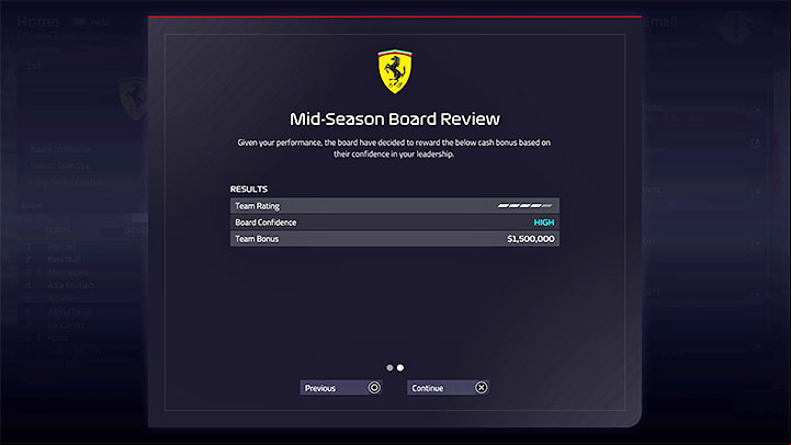 Board Review takes place mid-season and at the end of the season - F1 Manager 2022: Finances and Board - Basics - F1 Manager 2022 Guide
