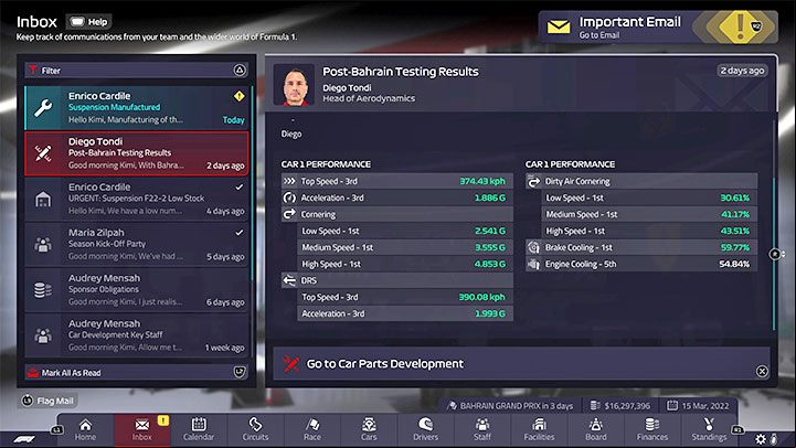 After the pre-season tests are over, you will receive an email from the head of the aerodynamics department with a summary - F1 Manager 2022: Pre-season testing - is it in the game? - FAQ - F1 Manager 2022 Guide
