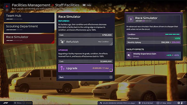 You can get Bonus XP thanks to certain Facilities - F1 Manager 2022: XP for driver and team - how to earn, development points - FAQ - F1 Manager 2022 Guide