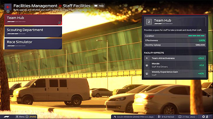 Team Hub - It allows you to increase the weekly gain of staff experience - F1 Manager 2022: XP for driver and team - how to earn, development points - FAQ - F1 Manager 2022 Guide