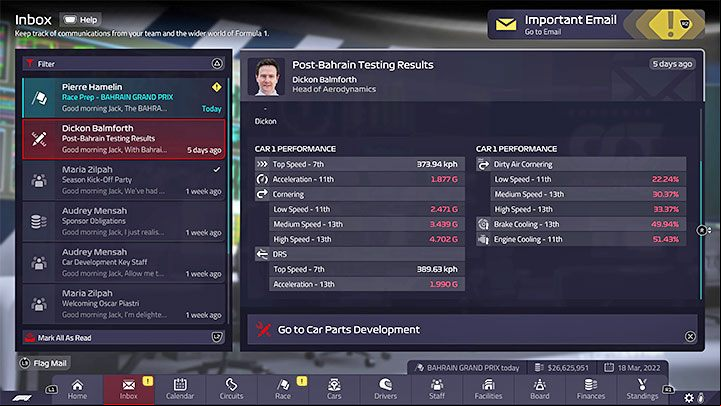 The choice of parts to design should depend on your current needs - don't design parts randomly - F1 Manager 2022: Cars and their development - deg parts - Basics - F1 Manager 2022 Guide
