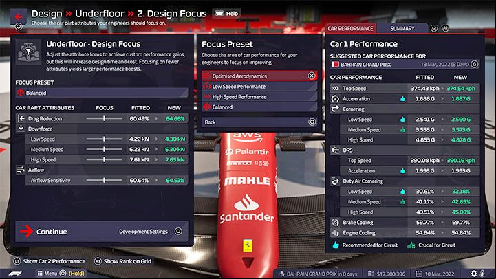 Design Focus - You can influence what engineers should focus on when deg a part - F1 Manager 2022: Cars and their development - deg parts - Basics - F1 Manager 2022 Guide