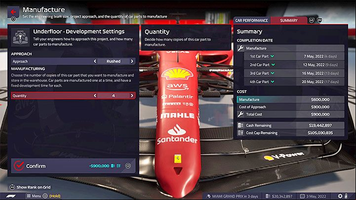Development - in this window you can - F1 Manager 2022: Cars and their development - deg parts - Basics - F1 Manager 2022 Guide