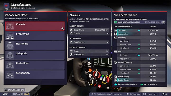 Warehouse allows you to manufacture every part you know, i - F1 Manager 2022: Cars and their development - deg parts - Basics - F1 Manager 2022 Guide