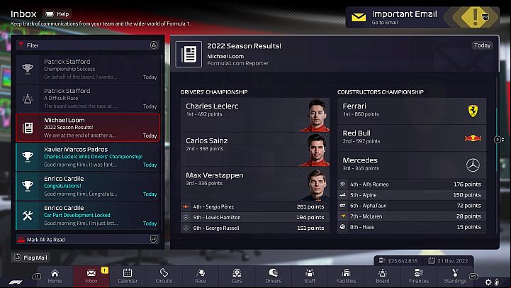 At the end of the season, you will receive a message with information who won in the drivers 'and constructors' standings - F1 Manager 2022: End of season 2022 and build-up to 2023 season - Basics - F1 Manager 2022 Guide