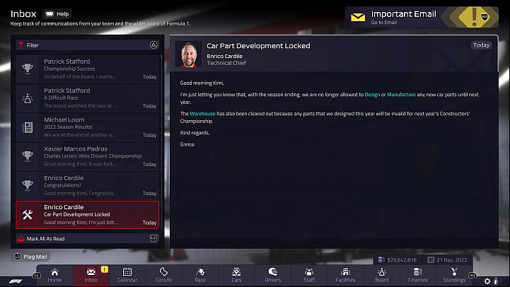 You cannot design or manufacture new parts during the break between seasons - F1 Manager 2022: End of season 2022 and build-up to 2023 season - Basics - F1 Manager 2022 Guide