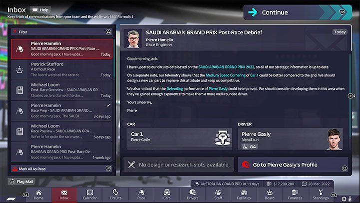 Tremendous help in the game is messages from engineers and other team , which you can view in the mailbox tab - F1 Manager 2022: Game difficulty level - can it be changed? - FAQ - F1 Manager 2022 Guide