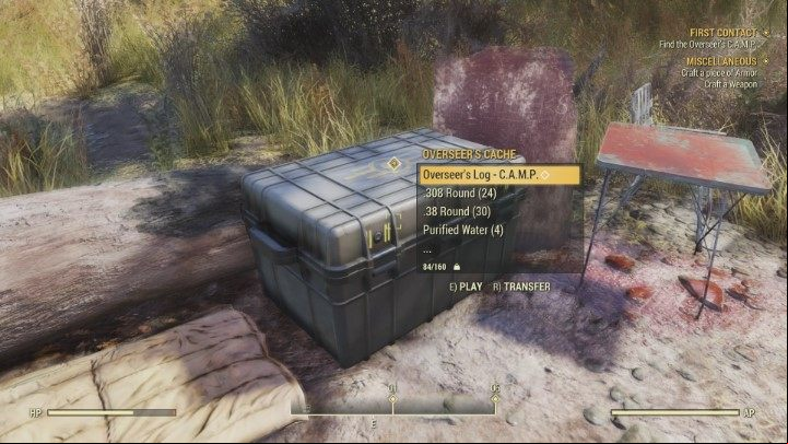 Overseers Log, which ends this quest, is inside the Overseers Cache. Dont forget to take other items. - First - Fallout 76 Walkthrough - Main missions - Fallout 76 Guide