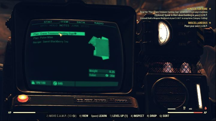 Start by reading the blueprint you have received. - Fallout 76 Wastelanders: Hunter for Hire walkthrough - Walkthrough - Fallout 76 Guide