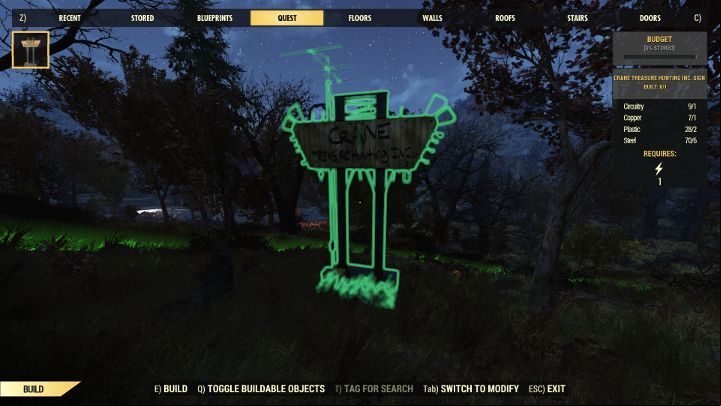 Then build the sign. - Fallout 76 Wastelanders: Hunter for Hire walkthrough - Walkthrough - Fallout 76 Guide