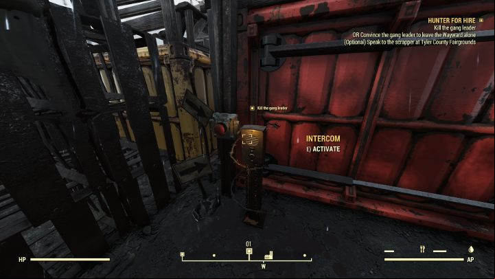 The gang leader will let you inside if you give him the correct . - Fallout 76 Wastelanders: Hunter for Hire walkthrough - Walkthrough - Fallout 76 Guide