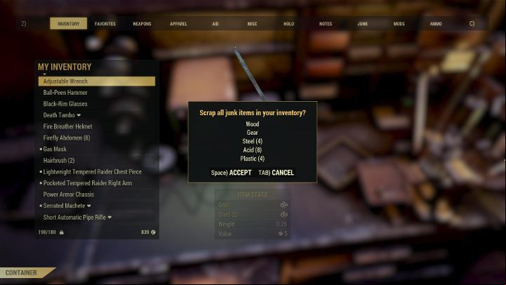 All of the collected junk can be used as crafting materials. - Crafting in Fallout 76 - Gameplay basics - Fallout 76 Guide
