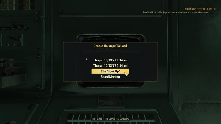 Go to Relay Tower LW-B1-22 and load the recently obtained holotape. - Fallout 76 Wastelanders: Strange Bedfellows walkthrough - Walkthrough - Fallout 76 Guide