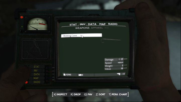 It's worth setting the cane as an active weapon in the PipBoy right away - it deals 17 points of damage - Fallout London: How to get your first weapon? - Equipment - Fallout London Guide