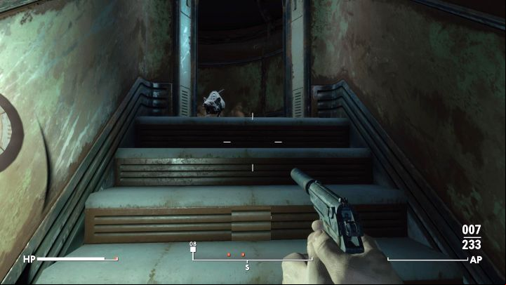 Robo-Margot is on the right, but run to the corridor ahead, which leads to the stairs to the upper floor - Fallout London: How to defeat Robo Margot in The Train Job quest? - Quests - Fallout London Guide