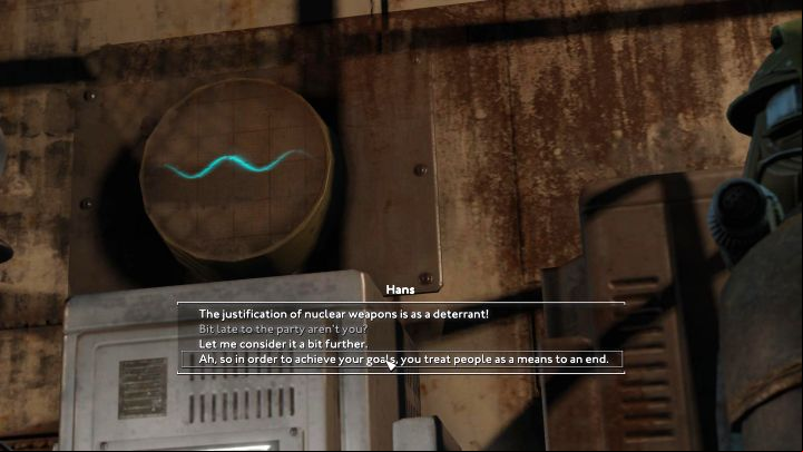 To outsmart the AI, choose the dialogue options What is your sacred duty - Fallout London: How to get out of the U-96 submarine? - Quests - Fallout London Guide