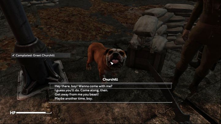 Approach the English bulldog and press the interaction button - Fallout London: How to adopt Churchill? - Factions and companions - Fallout London Guide