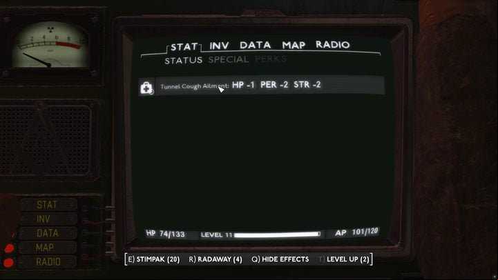 Tunnel Cough reduces your Strength and Perception stats by 2 points and constantly reduces your health - Fallout London: What is Tunnel Cough? - Exploration - Fallout London Guide