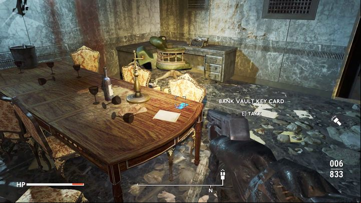 In the room, opposite the door locked with the card, there is a Bank Vault Key Card - Fallout London: Where to find keys at the Bank of England? - Exploration - Fallout London Guide