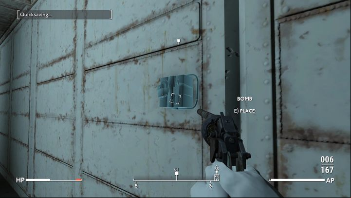 After the fight, start placing bombs on the walls of the hold - the appropriate places are highlighted and you must interact with them to plant the bomb - Fallout London: How to free prisoners on HMS Dredge? - Quests - Fallout London Guide