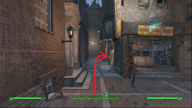 You will see a narrow alley between buildings while going from the main entrance to the street between Hancocks house and shops - Fallout 4: The Big Dig - Side quests in Goodneighbor - Fallout 4 Game Guide & Walkthrough