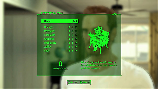 Name your character and distribute all the points between the main statistics - Fallout 4: Prologue - Main story - Fallout 4 Game Guide & Walkthrough