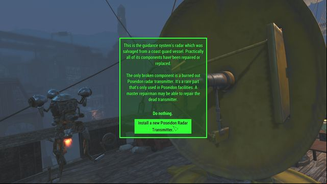 You can repair the antenna without any parts, as long as your Intelligence level is 9 or above - Fallout 4: Last Voyage of the USS Constitution (USS Constitution) - Side quests in other locations - Fallout 4 Game Guide & Walkthrough