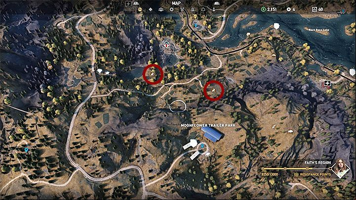 The picture above shows two good hunting spots which are located north from Moonflower Trailer Park in the western part of Henbane River - How to hunt down a rabbit in Far Cry 5? - FAQ - Far Cry 5 Game Guide