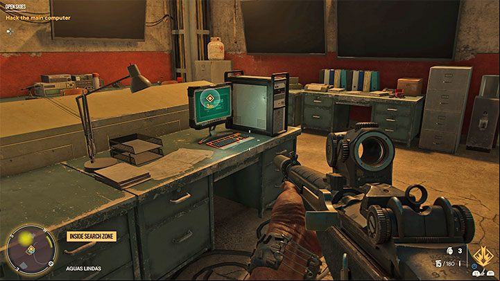 The computer you're looking for is on one of the desks in the bunker and you have to interact with it - Far Cry 6: Open Skies - walkthrough - Madrugada - Far Cry 6 Guide