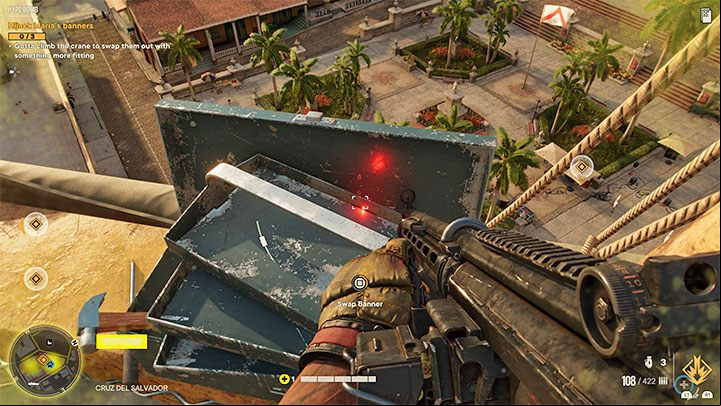 Start carefully walking up the crane boom to reach the next banners - Far Cry 6: Hype Bomb - walkthrough - Valle De Oro - Far Cry 6 Guide