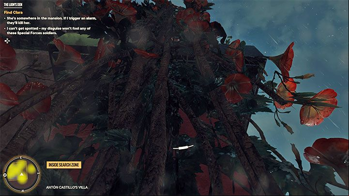 Wait for the patrolling guard to move away and reach the vines underneath the balcony - Far Cry 6: The Lions Den - walkthrough - Esperanza - Far Cry 6 Guide