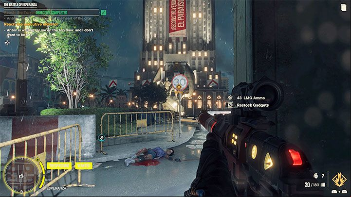 The mission objective is the Torre del Leon skyscraper shown in the picture and directly in front of it you will not encounter any more enemies - Far Cry 6: The Battle of Esperanza - walkthrough - Esperanza - Far Cry 6 Guide