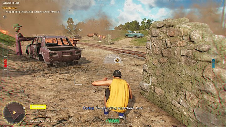 Expect the number of explosions to increase as you film the star, so stay crouched (behind small covers if possible) and make adjustments to the camera position if you momentarily lose your balance because of an explosion - Far Cry 6: Tanks for the Likes - walkthrough - Valle De Oro - Far Cry 6 Guide